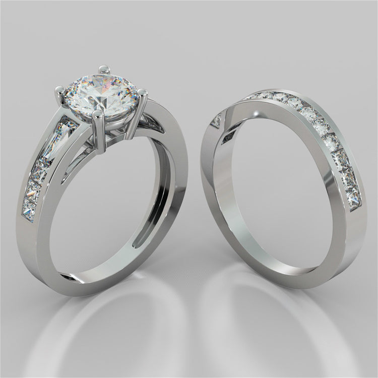 Lab Grown Diamond Round Cut Cathedral Engagement Ring with Baguette Accents