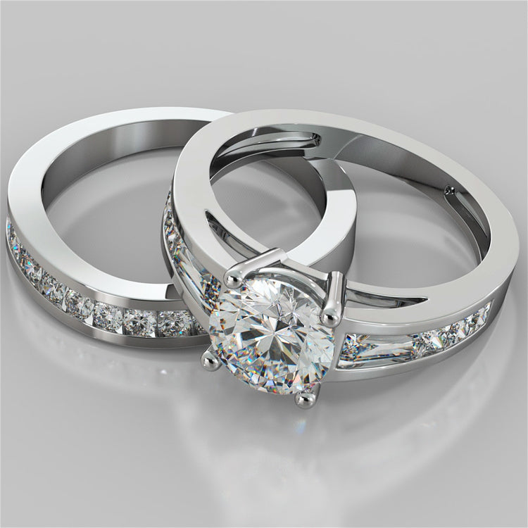 Lab Grown Diamond Round Cut Cathedral Engagement Ring with Baguette Accents