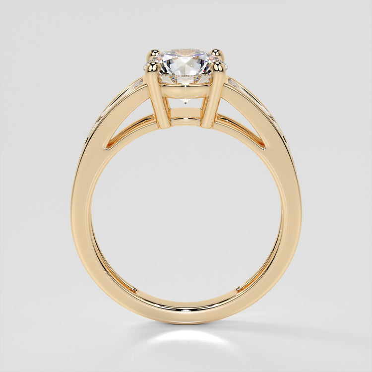 Lab Grown Diamond Round Cut Cathedral Engagement Ring with Baguette Accents