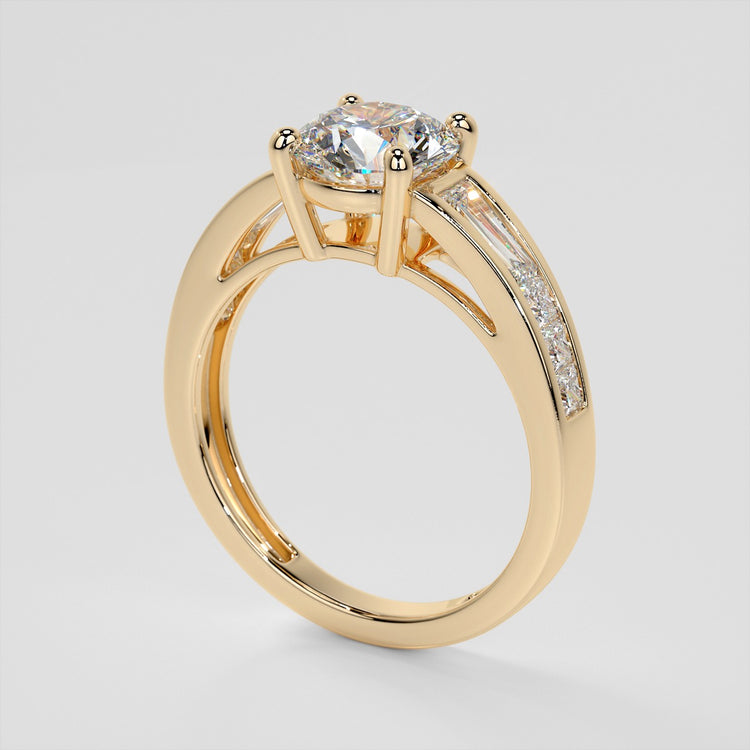 Lab Grown Diamond Round Cut Cathedral Engagement Ring with Baguette Accents