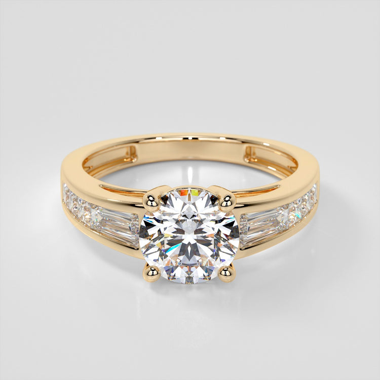 Lab Grown Diamond Round Cut Cathedral Engagement Ring with Baguette Accents