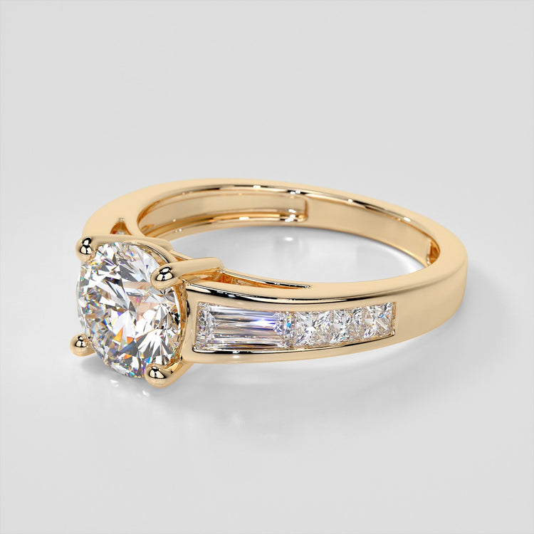 Lab Grown Diamond Round Cut Cathedral Engagement Ring with Baguette Accents