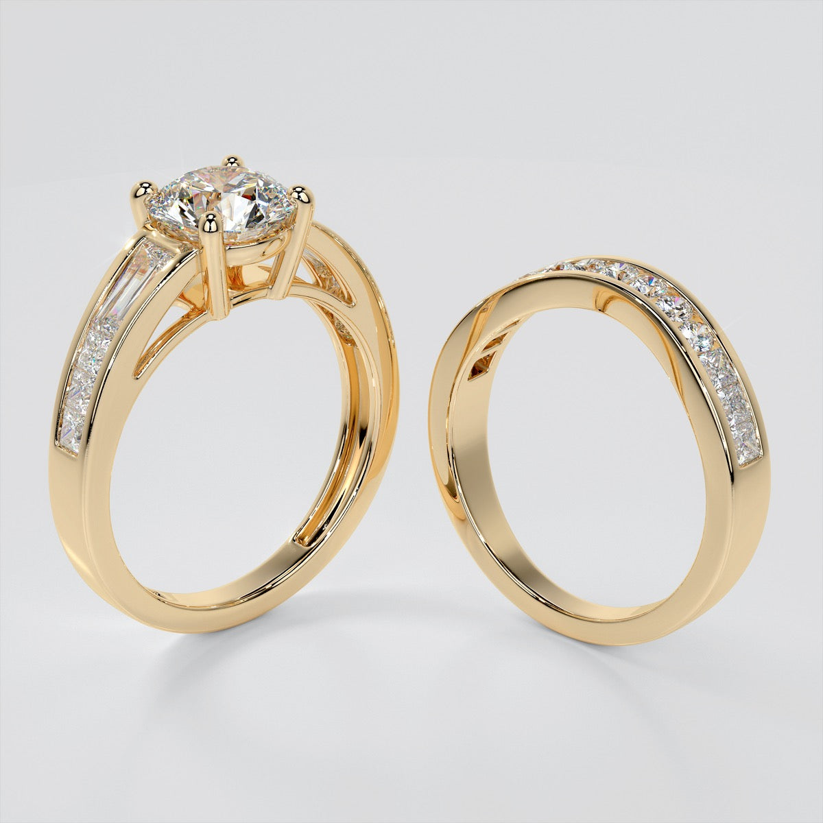 Round Cut Trio Wedding Set With Baguettes Accents