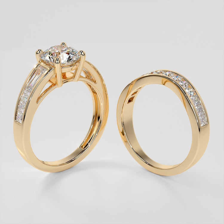 Round Cut Cathedral Engagement Ring with Baguette Accents