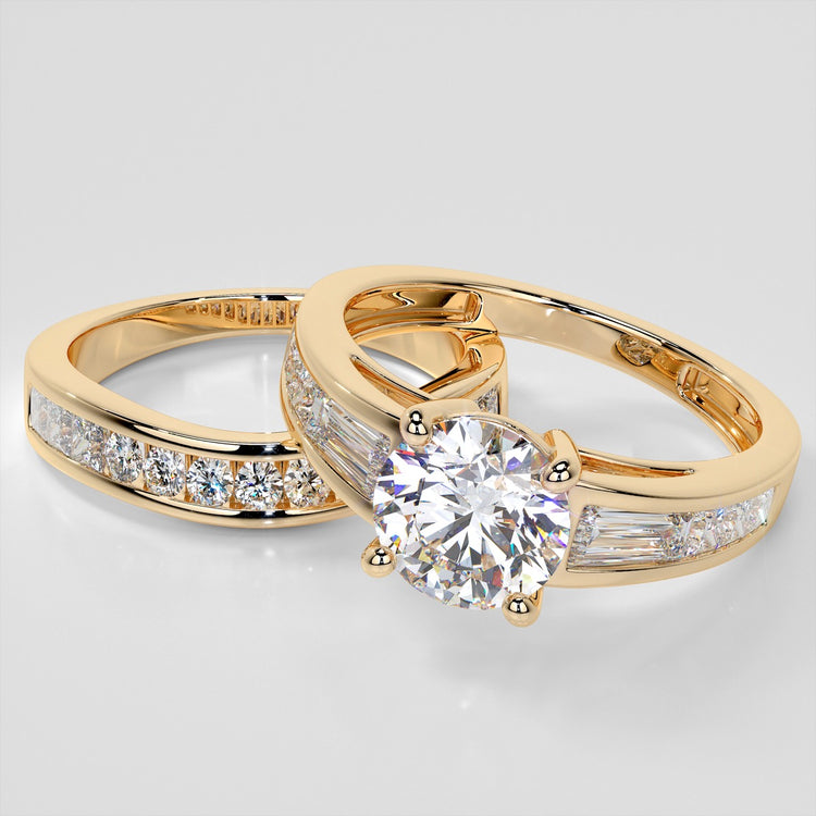 Lab Grown Diamond Round Cut Cathedral Engagement Ring with Baguette Accents