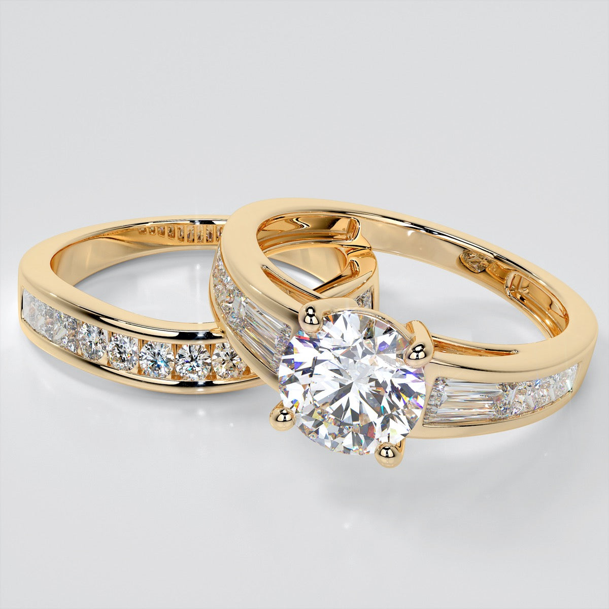 Round Cut Wedding Set With Baguettes Accents