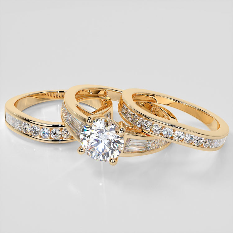 Lab Grown Diamond Round Cut Cathedral Engagement Ring with Baguette Accents