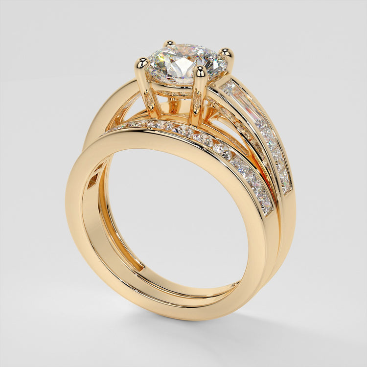 Lab Grown Diamond Round Cut Cathedral Engagement Ring with Baguette Accents