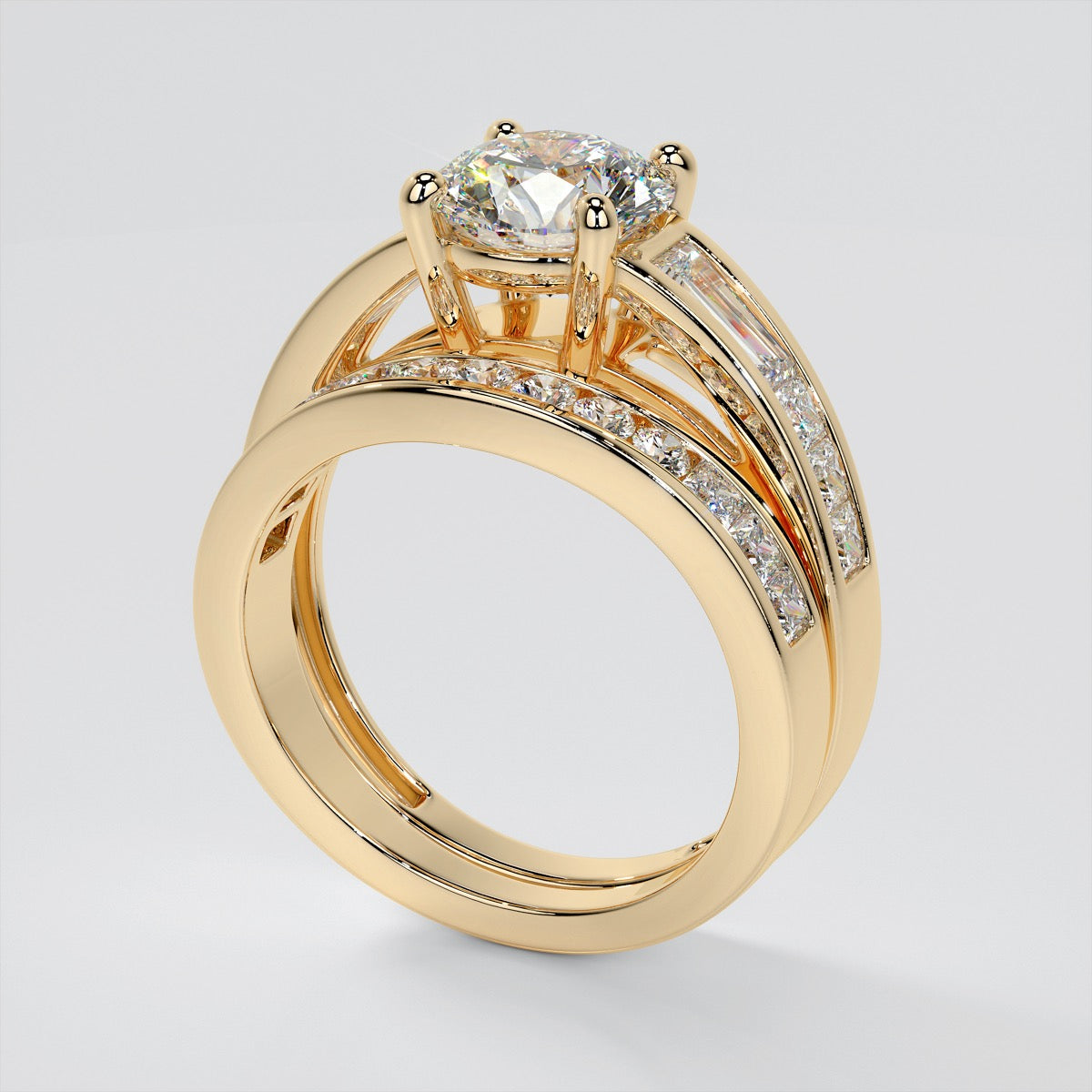 Round Cut Wedding Set With Baguettes Accents