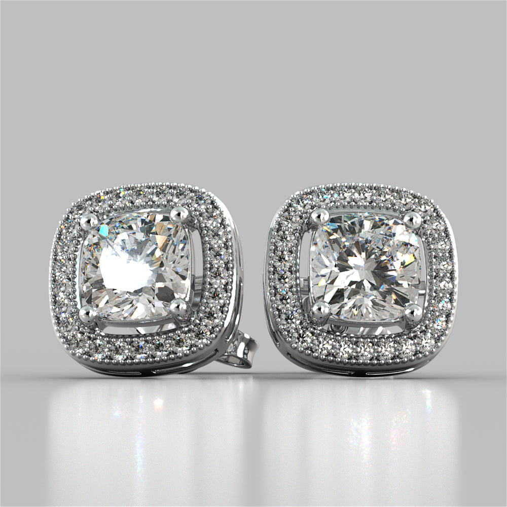 2.76CT Round Cut Beaded Halo Earrings Set In 925 Sterling Silver