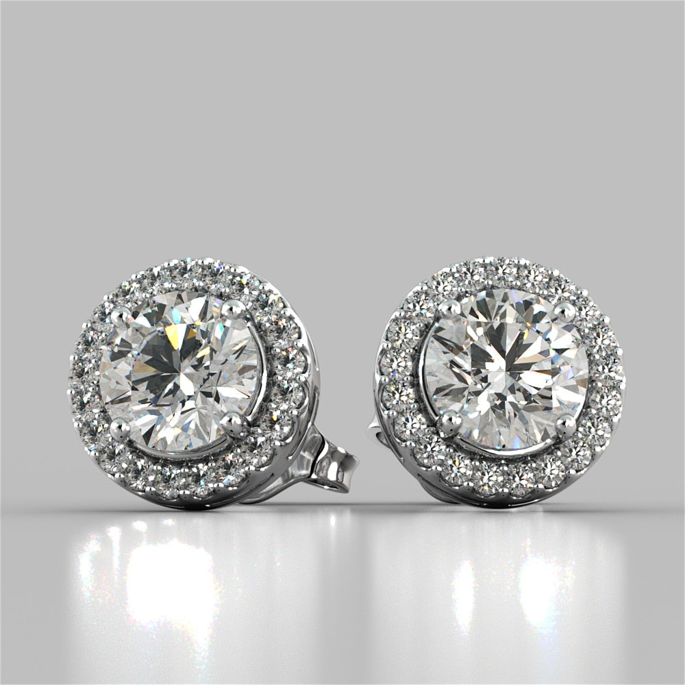 Round Cut Prong Set Tier Halo Earrings
