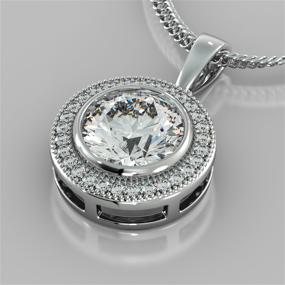2.15CT Round Cut Slider Halo Pendant with 16" Chain Included