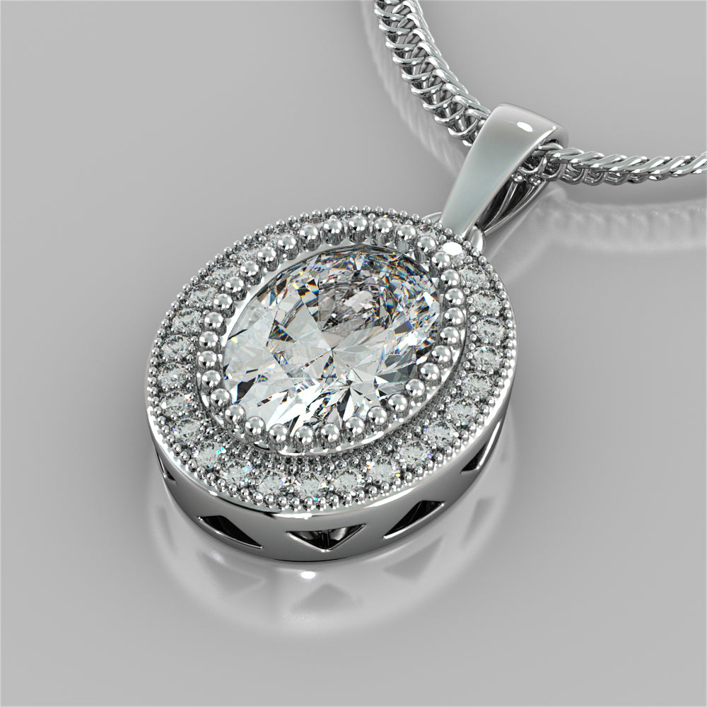 2.74CT Oval Cut Prong Set Halo Pendant - 16" Chain Included