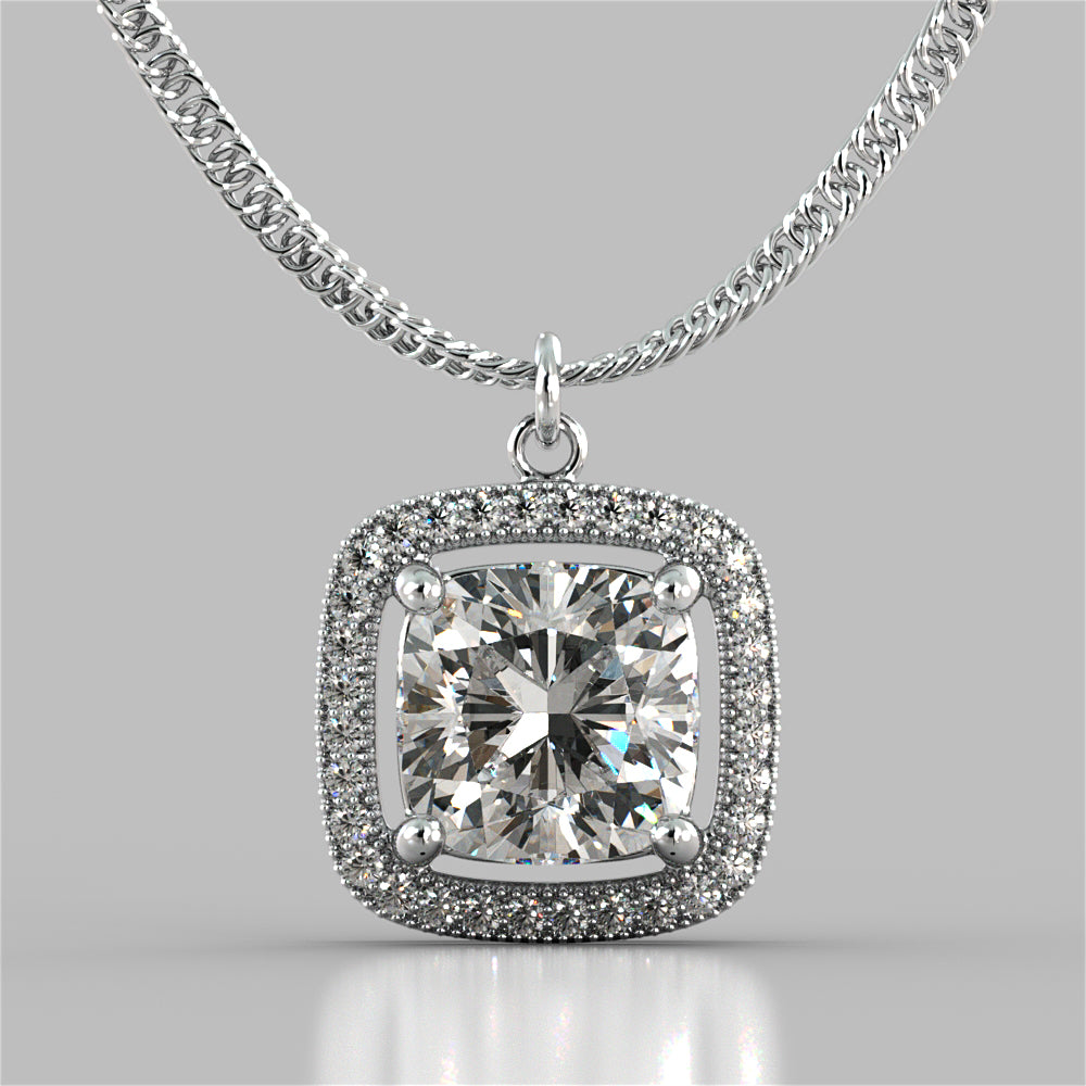 2.27CT Cushion Style Halo Pendant with Round Cut Center Stone - 16" Chain Included