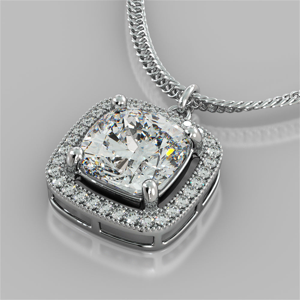 2.27CT Cushion Style Halo Pendant with Round Cut Center Stone - 16" Chain Included