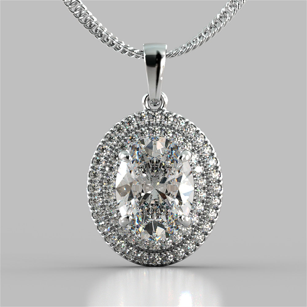 Oval Cut Prong Set Double Tier Halo Pendant