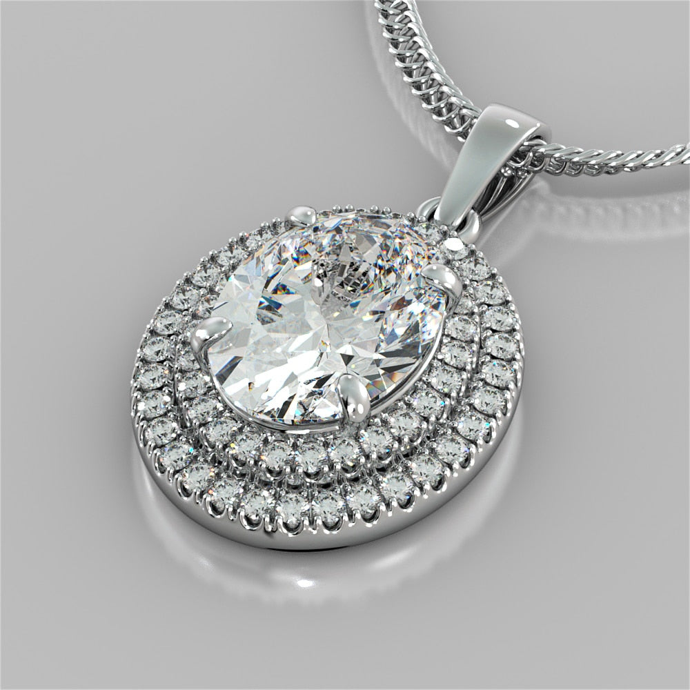 Oval Cut Prong Set Double Tier Halo Pendant