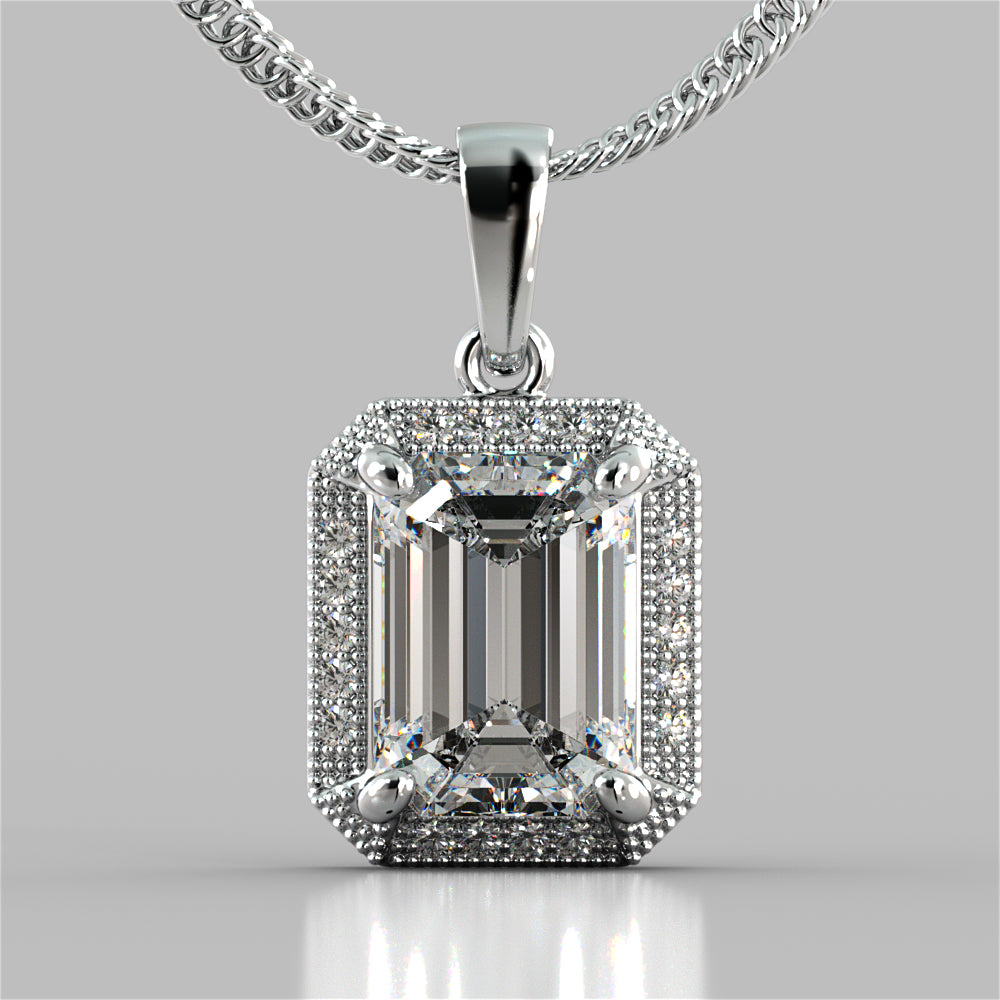 2.59CT Emerald Cut Halo Pendant 16" Chain Included