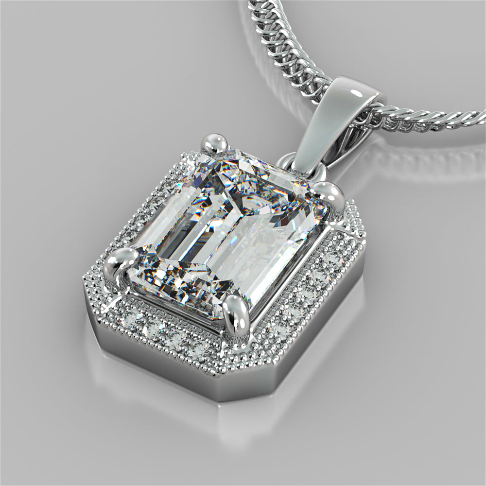 2.59CT Emerald Cut Halo Pendant 16" Chain Included