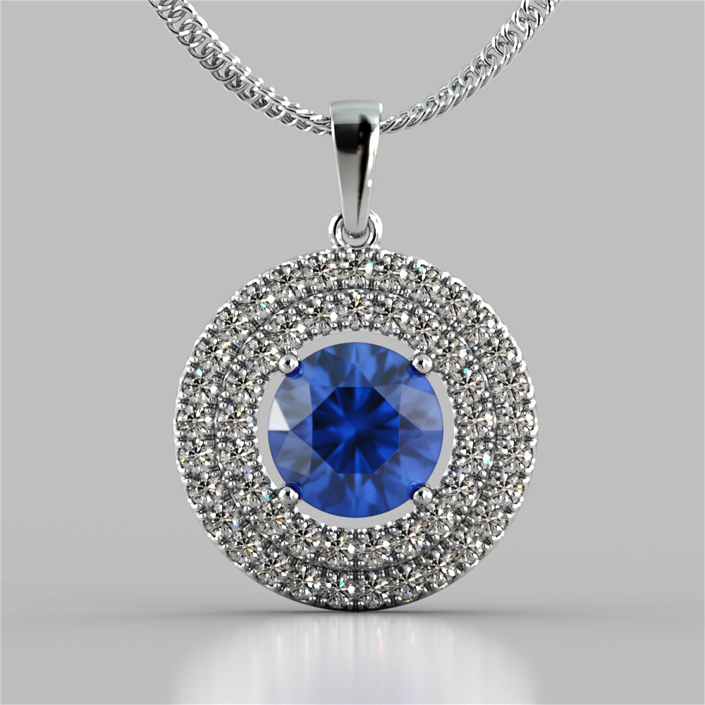 Round Cut Double Pave Style Halo Pendant