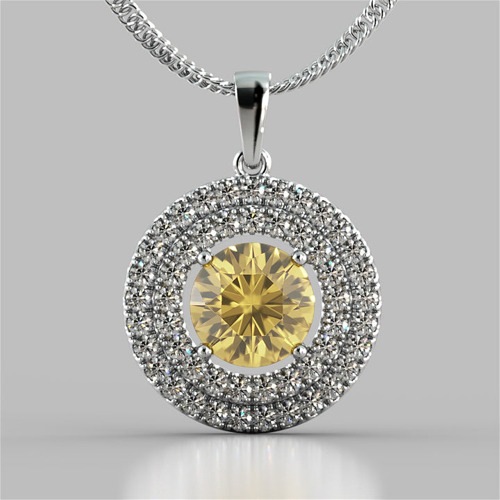Round Cut Double Pave Style Halo Pendant