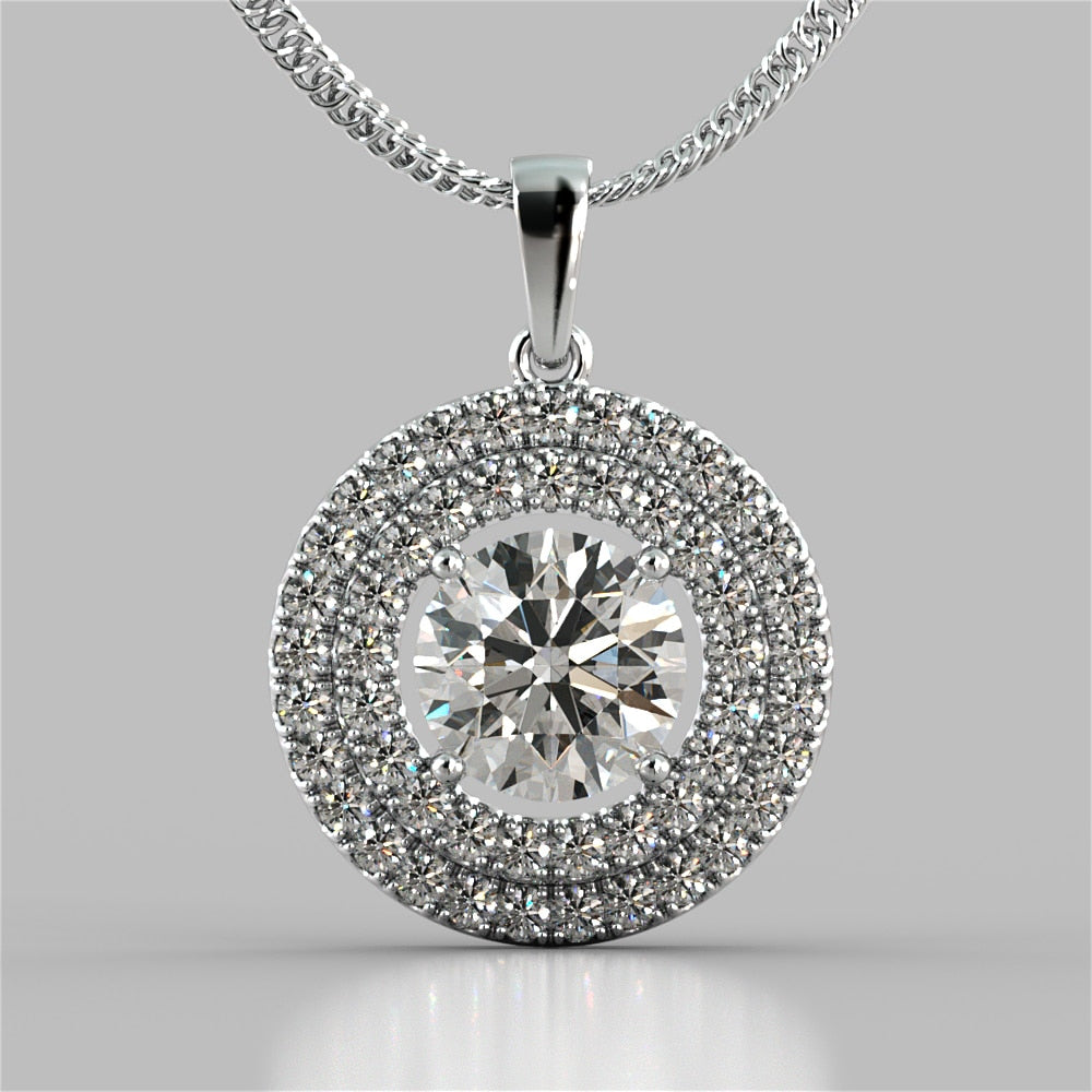 Round Cut Double Pave Style Halo Pendant
