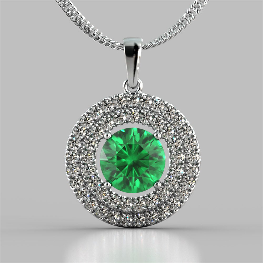 Round Cut Double Pave Style Halo Pendant