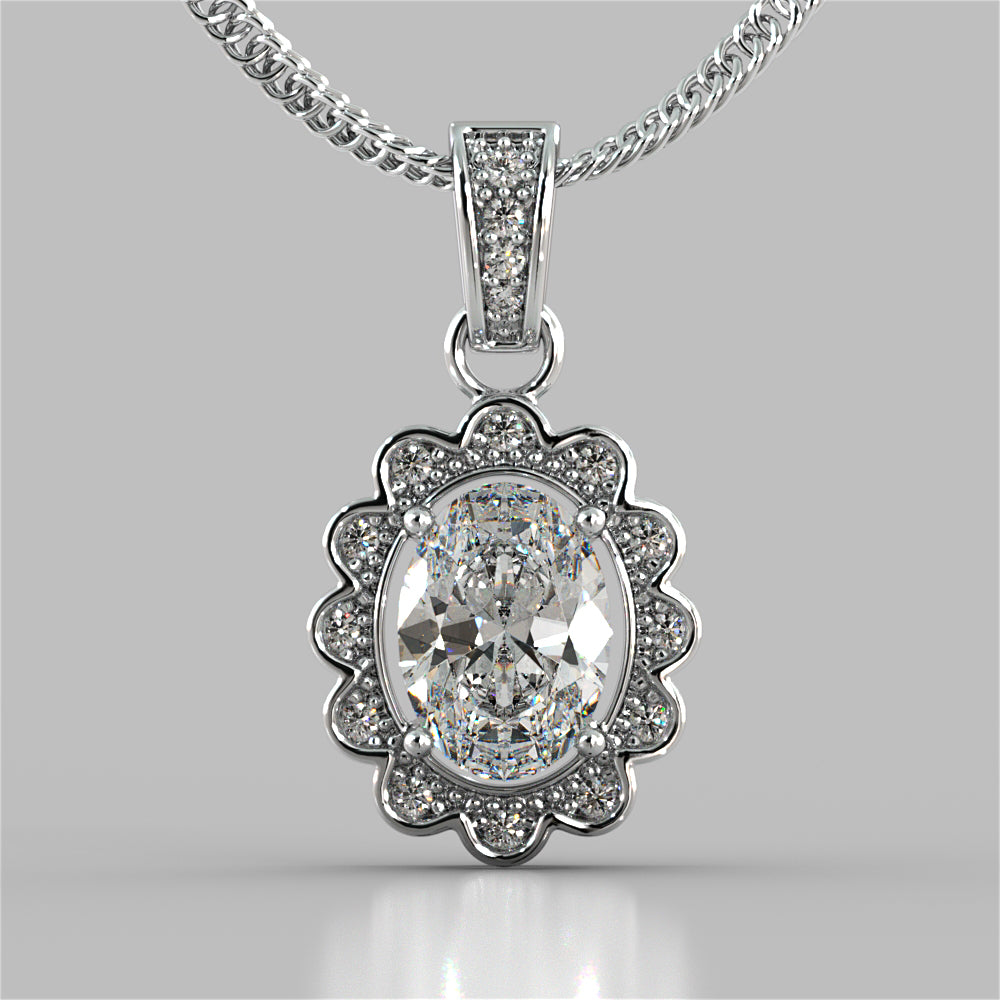 1.65CT Oval Cut Halo Pendant with 16" Chain Included