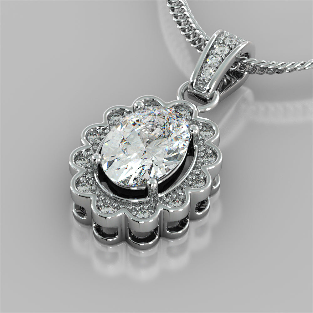 1.65CT Oval Cut Halo Pendant with 16" Chain Included