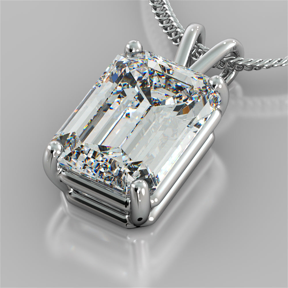 3.0CT Emerald Cut Solitaire Pendant set in 14K White Gold With Diamond Cut Cable Chain