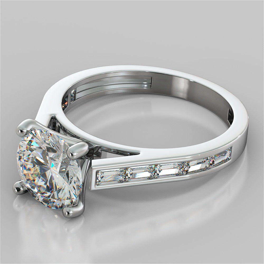 Round Cut Wedding Set With 2 Matching Wedding Bands And Baguette Accents
