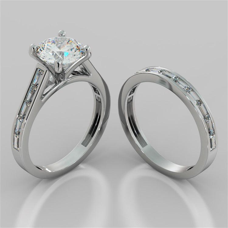 Round Cut and Baguettes Wedding Set