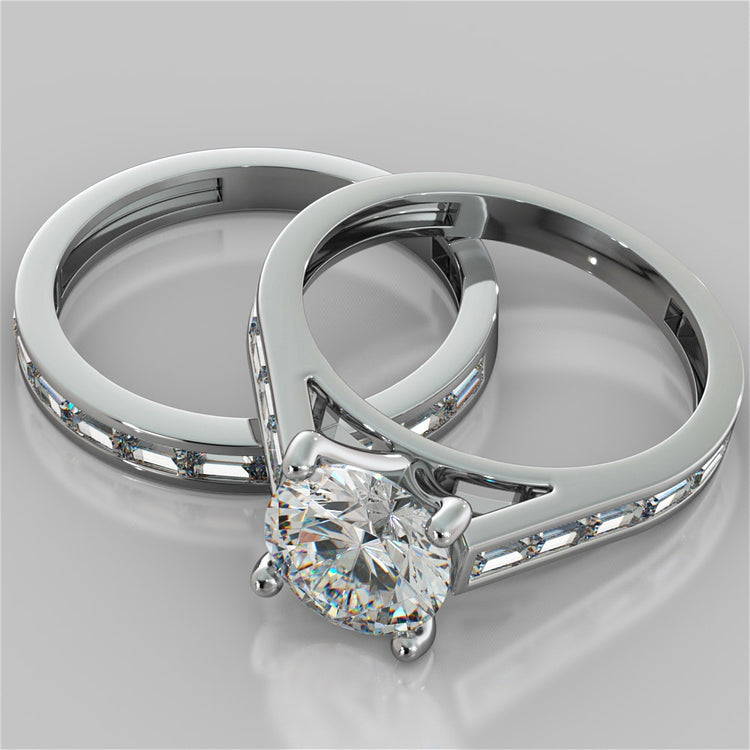 Round Cut Wedding Set With 2 Matching Wedding Bands And Baguette Accents