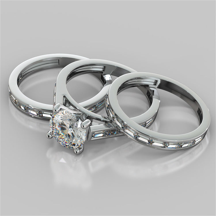 Round Cut and Baguettes Wedding Set