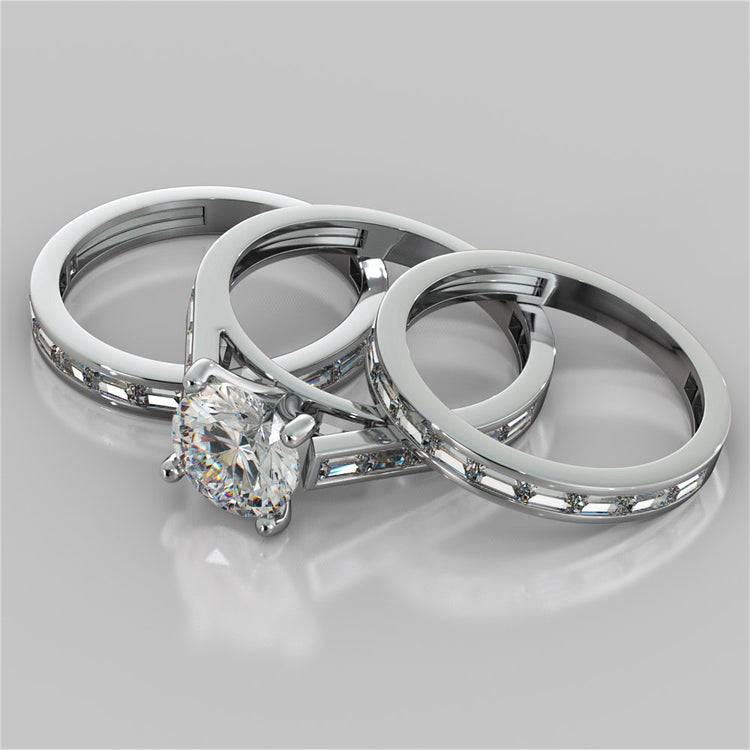 Round Cut Wedding Set With 2 Matching Wedding Bands And Baguette Accents