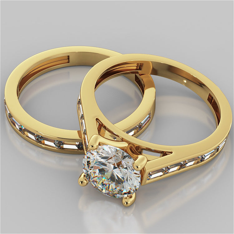 Round Cut Wedding Set With 2 Matching Wedding Bands And Baguette Accents