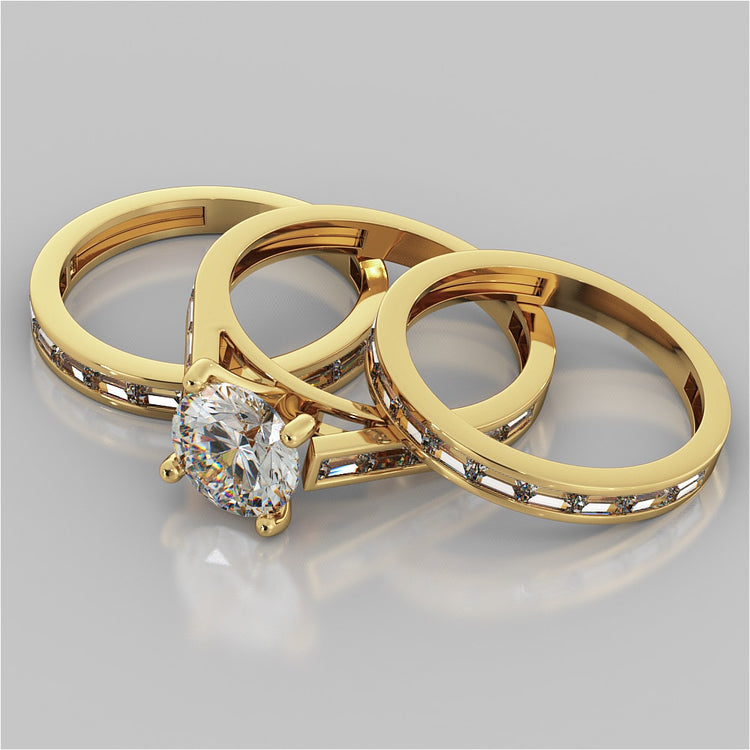 Round Cut and Baguettes Wedding Set