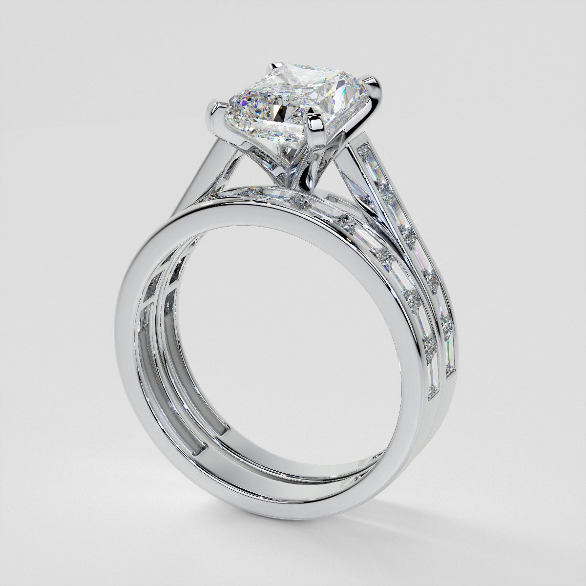 2.0CT Radiant Cut Lab Grown Channel Baguettes Engagement Ring