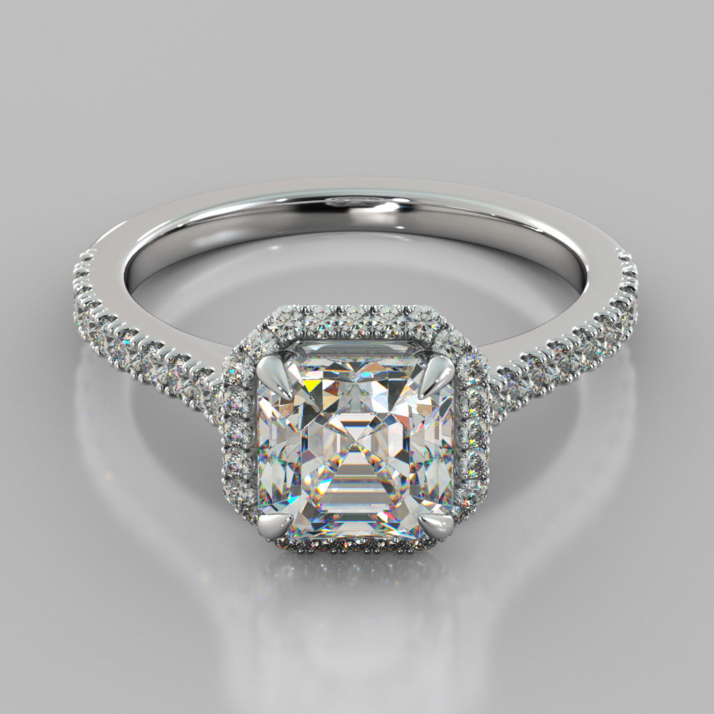 Lab Grown Diamond Asscher Cut Halo Engagement Ring With Accents
