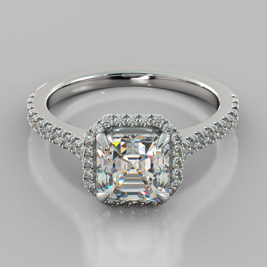 Lab Grown Diamond Asscher Cut Halo Engagement Ring With Accents