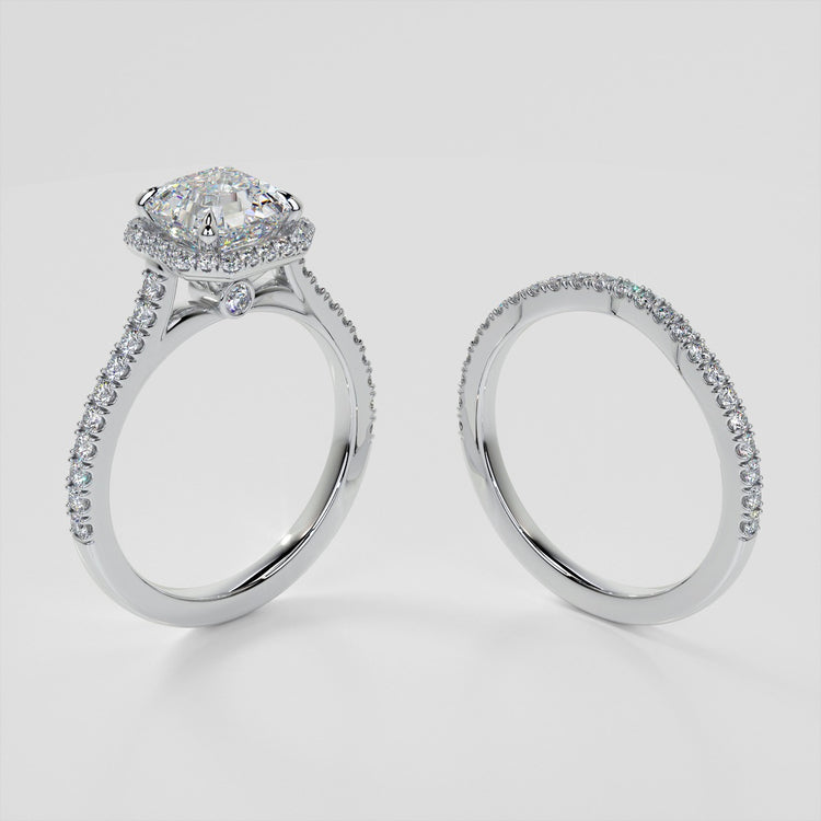 Asscher Cut Halo Trio Wedding Set With Accents