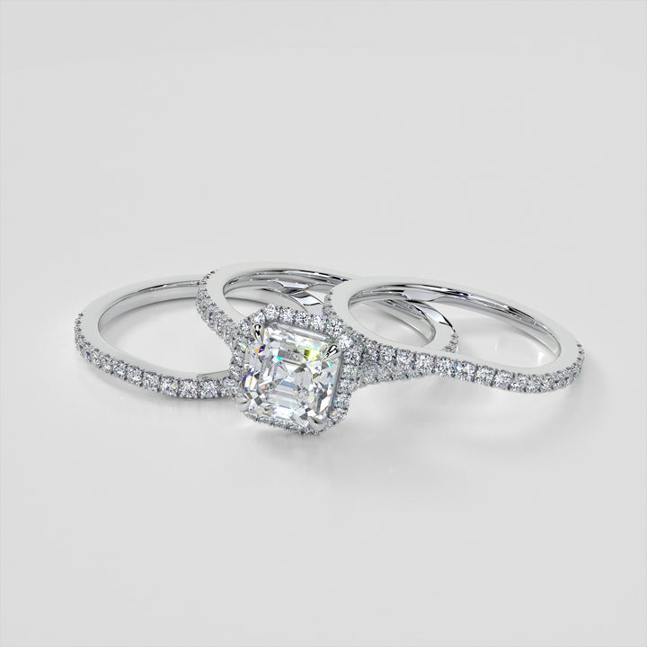 Asscher Cut Halo Trio Wedding Set With Accents