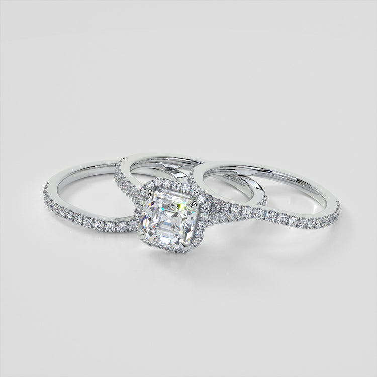 Asscher Cut Halo Trio Wedding Set With Accents