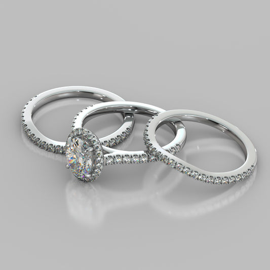 Oval Cut Halo Style Trio Wedding Set With Accents