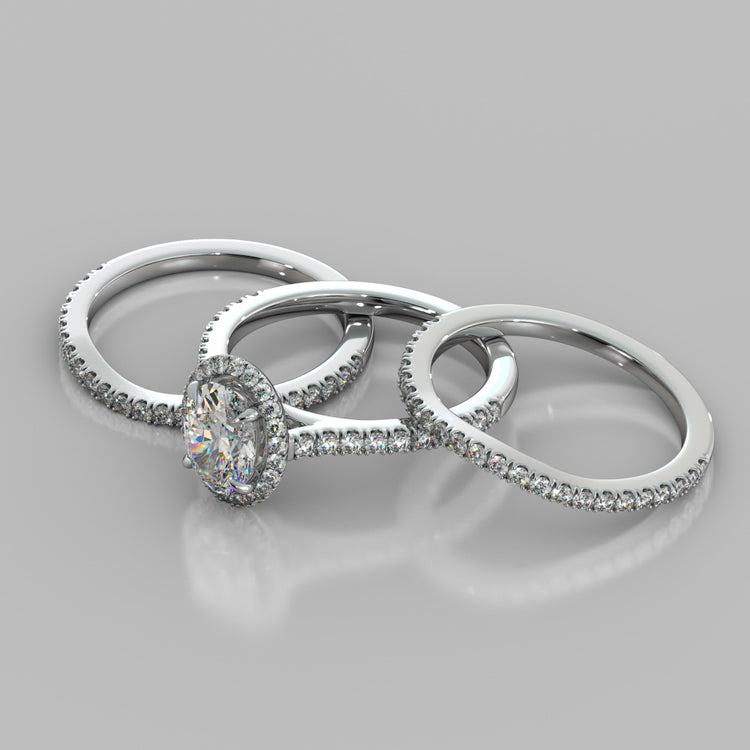 Oval Cut Halo Style Trio Wedding Set With Accents