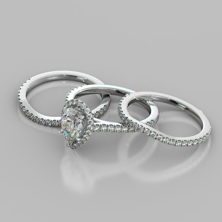 Pear Cut Halo Trio Wedding Set With Accents