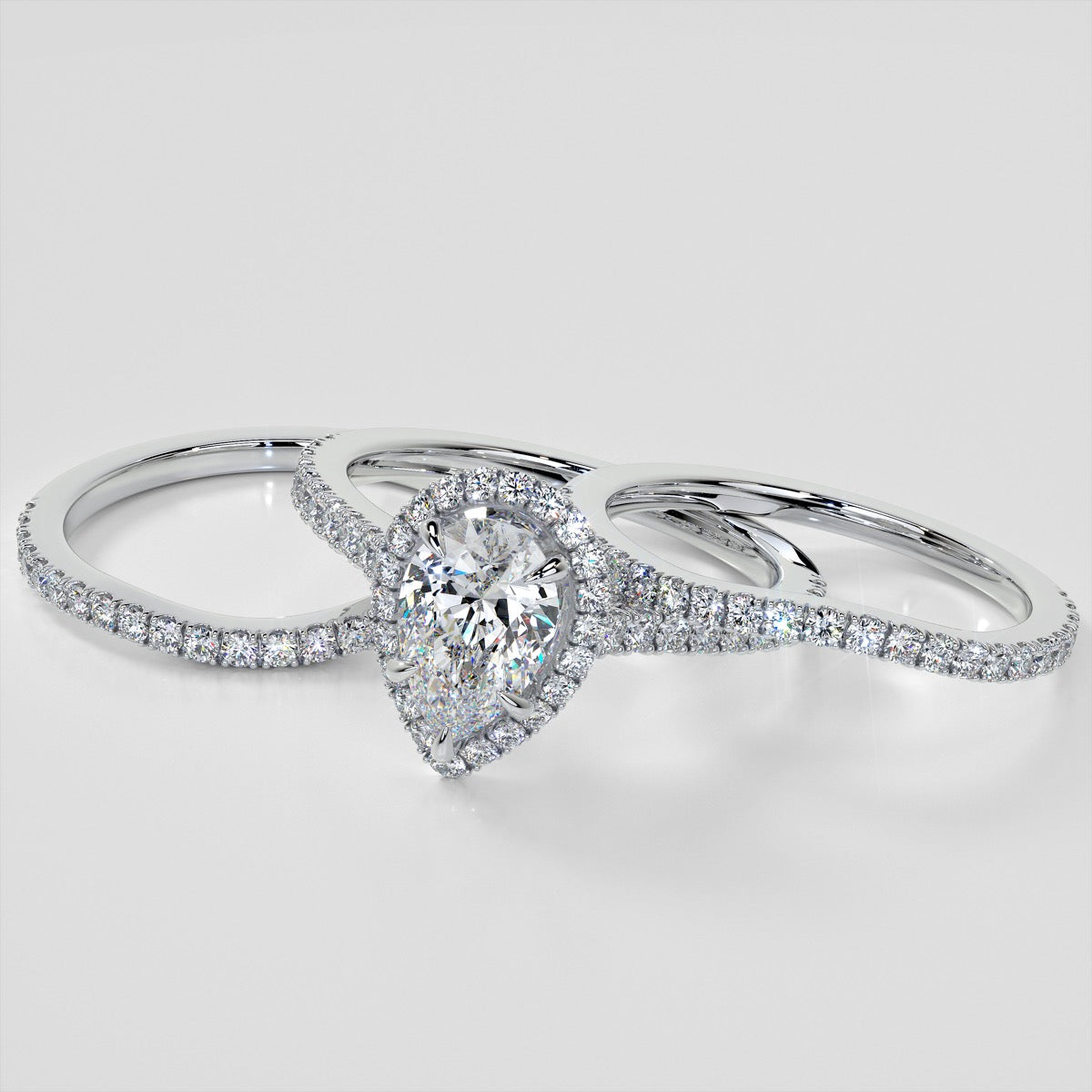 Pear Cut Halo Wedding Set With Accents