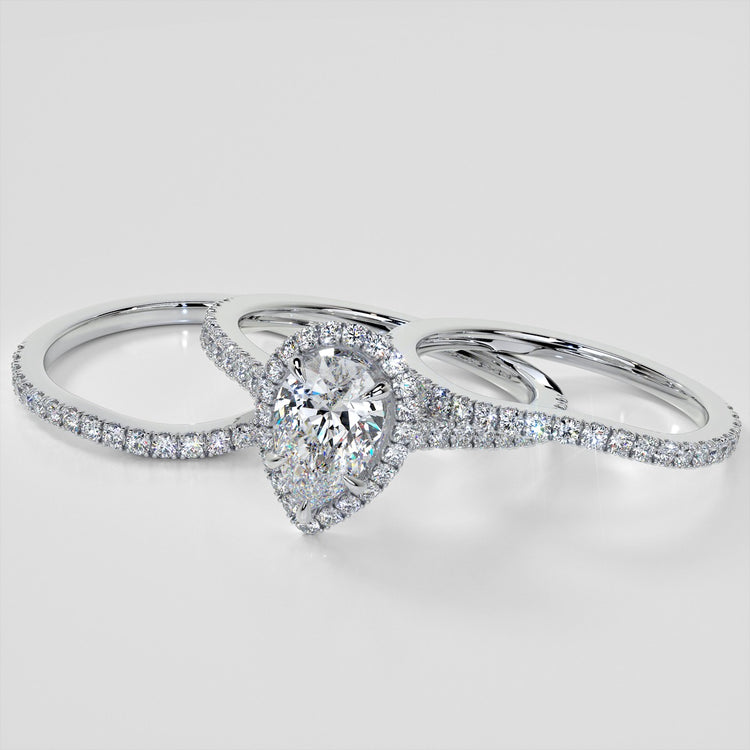 Pear Cut Halo Trio Wedding Set With Accents