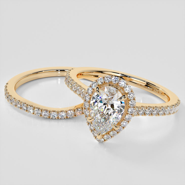 Pear Cut Halo Trio Wedding Set With Accents