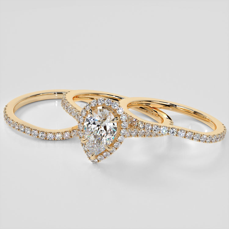 Pear Cut Halo Trio Wedding Set With Accents